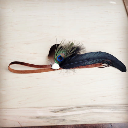 Genuine Leather Tan Hat Band w/ Peacock & Spotted Feathers 953c