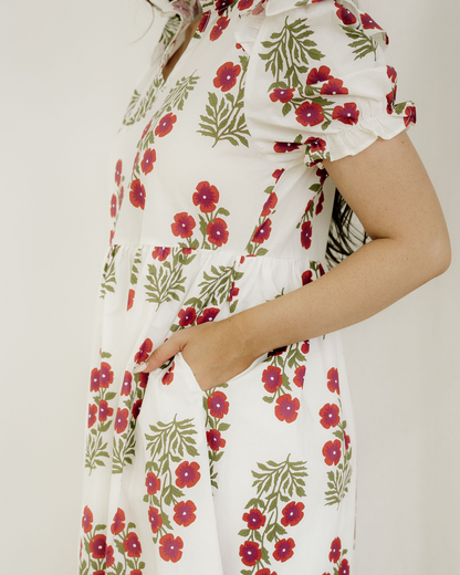 Kali Floral Short Bubble Sleeve Tiered Maxi Dress - Beige