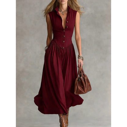 Sleeveless V-Neck Button Maxi Dress