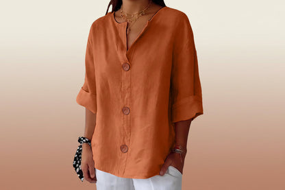 Women's V-Neck Cotton Linen Buttoned Blouse