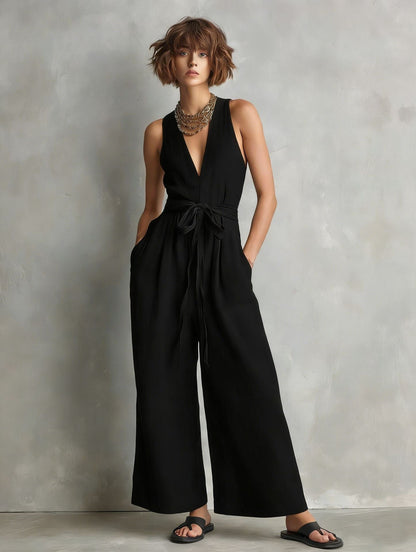 Women's Elegant V-Neck Sleeveless Commuter Jumpsuit