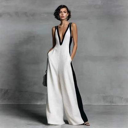 Women's Color-Block Sleeveless V-Neck Wide-Leg Jumpsuit – French Style Long Pants