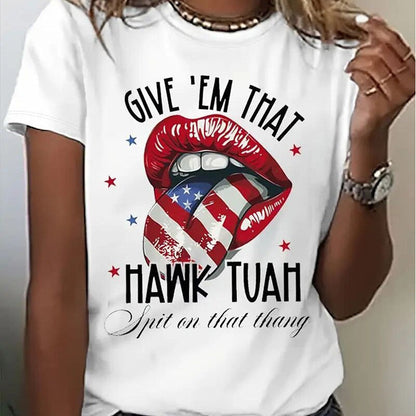 Women's Round Neck American Flag Lips & Stars Print Summer Top