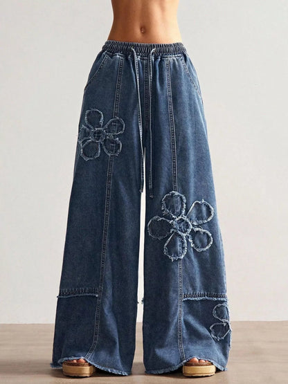 Floral Appliques Wide Leg Jeans
