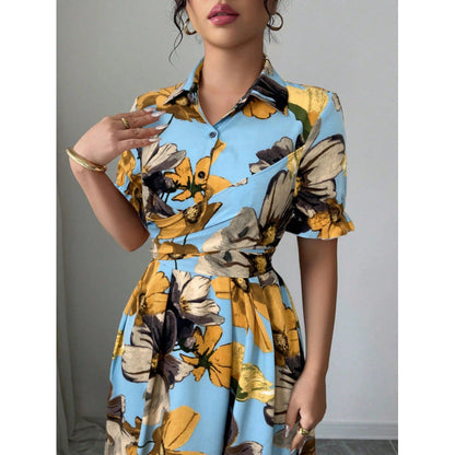 Women’s Printed Puff Sleeve Dress – Blouse Collar Cross-Tie Waist Style