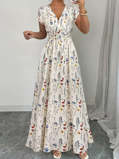 Women's V-Neck Floral Print A-Line Midi Dress – High Waist Sleeveless