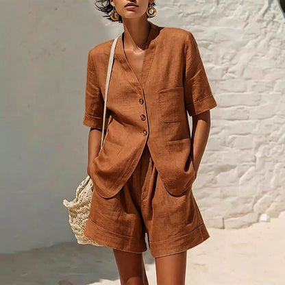 Women's Cotton-Linen Loose-Fit T-Shirt & Cropped Shorts Two-Piece Set