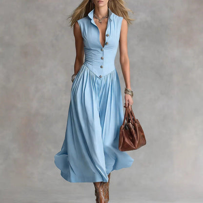 Sleeveless V-Neck Button Maxi Dress