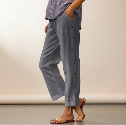 Cropped Pants With Decorative Buttons Along the Side Seams