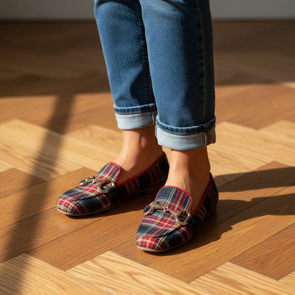 Women's Plaid Square Toe Flats – Buckle Casual Shoes in Red & Blue
