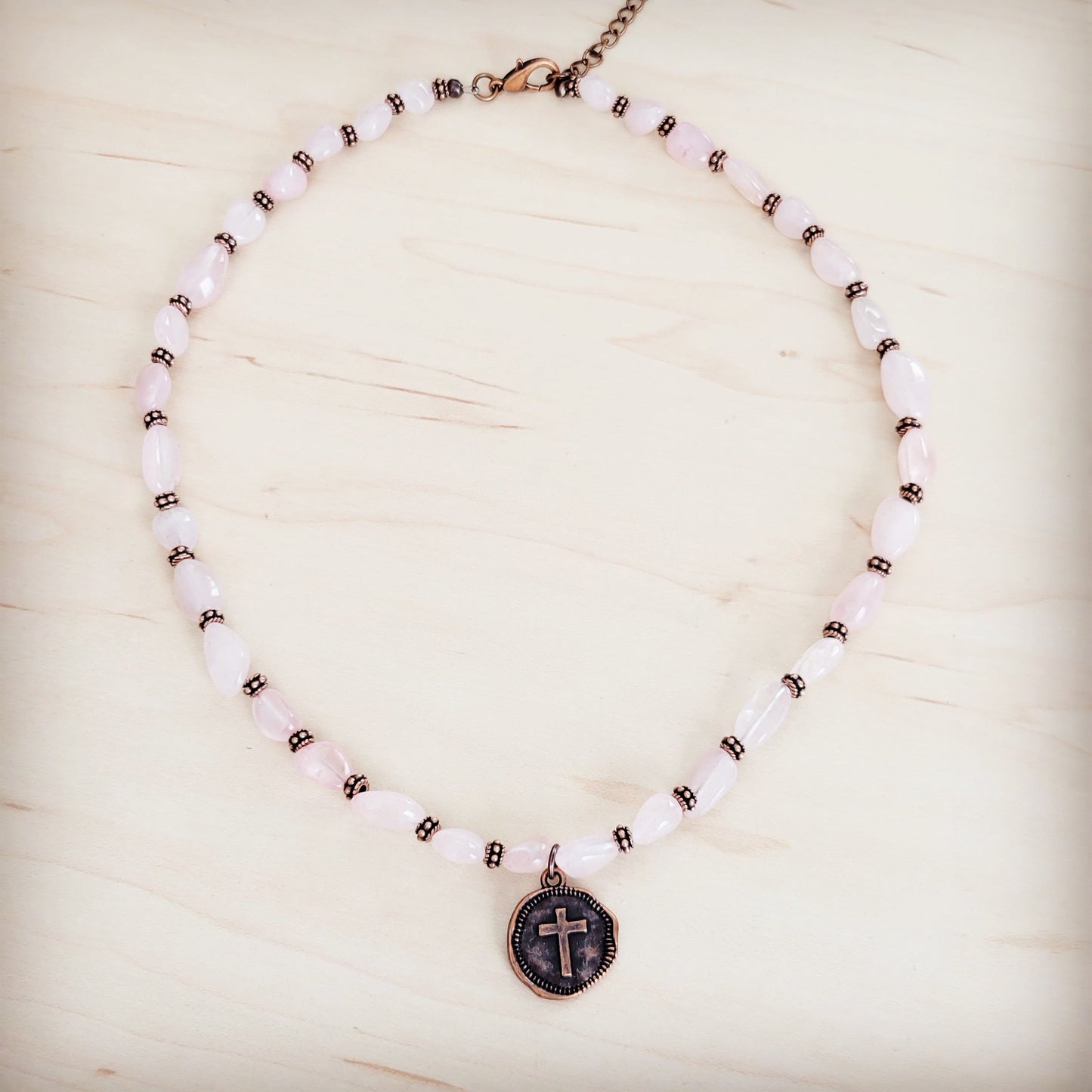 **Rose Quartz Collar Necklace w/ Copper Cross Round Charm 263j