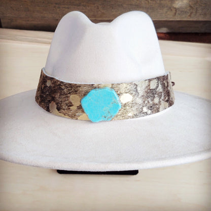 Wide Genuine Leather Mixed Metallic Hat Band w/ Turq 953t