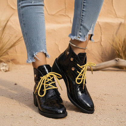 Women's Chunky Heel Pointed-Toe Lace-Up Ankle Boots