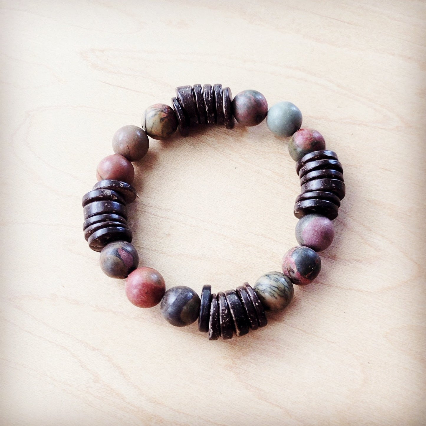 **Genuine Picasso Jasper and Wood Stretch Bracelet 810p