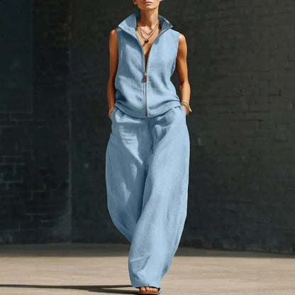 Women's Sleeveless Zippered Linen Two-Piece Set