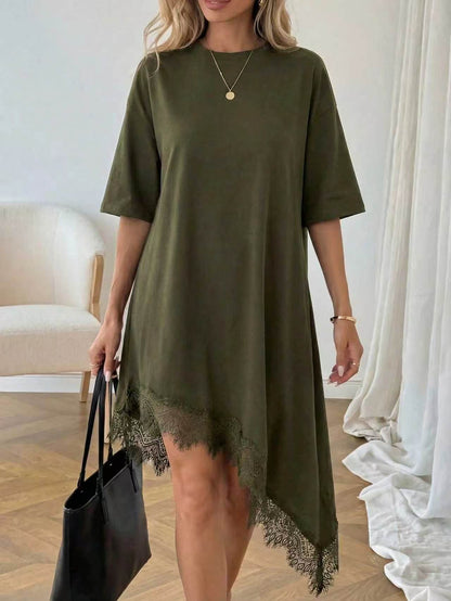 Women's Lace Trim Asymmetric Three-Quarter Sleeve Dress