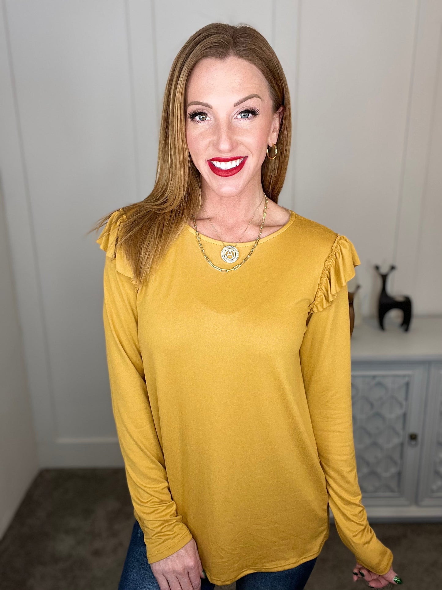 Brushed Ruffled Shoulder Long Sleeve Top in Mustard