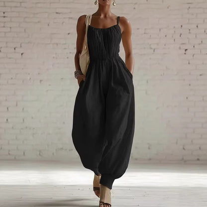 Women's Sleeveless Wide-Leg Jumpsuit – Knit, Low Waist, Flare Pants