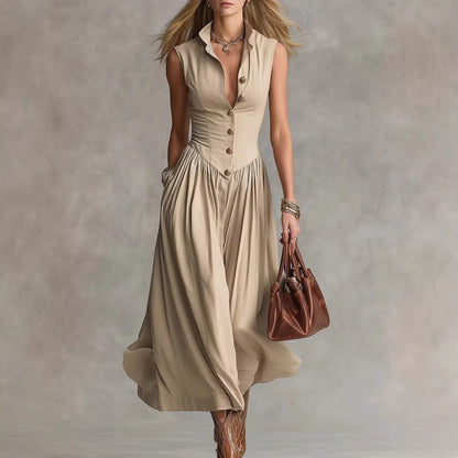 Sleeveless V-Neck Button Maxi Dress