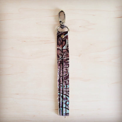 Brown Floral Genuine Leather Key Chain/ Purse Clip 703q