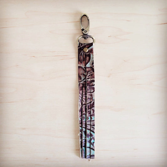 Brown Floral Genuine Leather Key Chain/ Purse Clip 703q