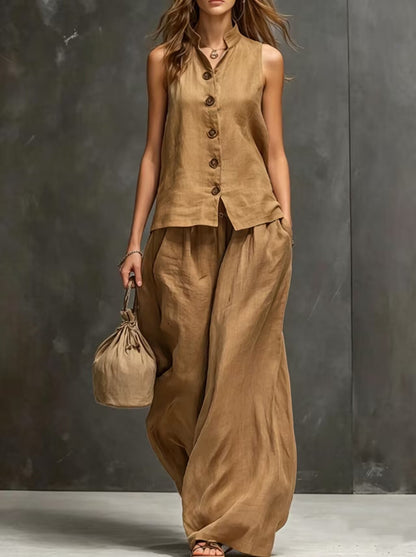 Women's Sleeveless Vest & Wide-Leg Pants Two-Piece Set – Cotton Linen