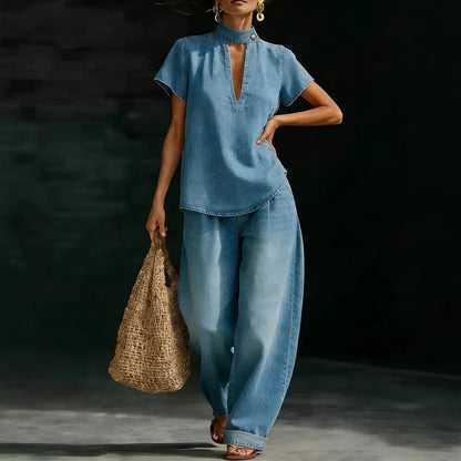 Faux Denim Two-Piece Set – Loose-Fit Short-Sleeve & Pants