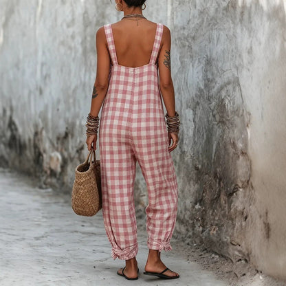 Linen Blend Sleeveless High-Waist Wide-Leg Overalls Jumpsuit – 5 Colors S–3XL