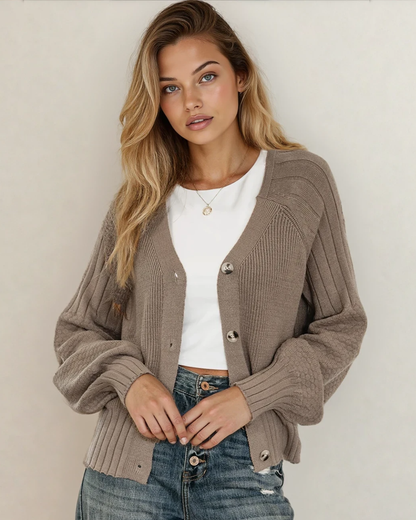 Jane Mixed Texture Knit Button V Neck Sweater Cardigan - Brown