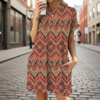 Floral Print Loose Pocket Dress | Round Neck Short Sleeve