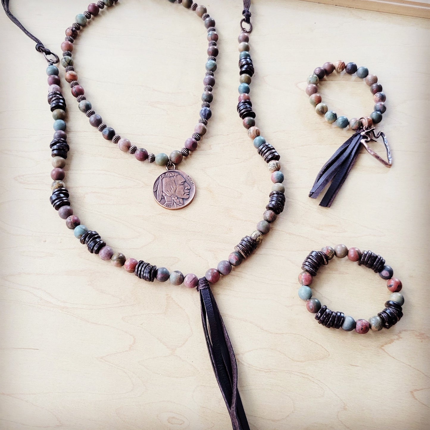 **Picasso Jasper Necklace with Wood Beads and Leather Tassel 261i