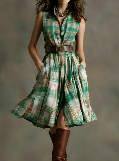 Women's Plaid Collared Sleeveless Fitted Waist Dress