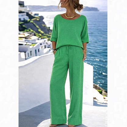 Women's Cotton Linen Resort Set – Short Sleeve Top & Wide-Leg Pants