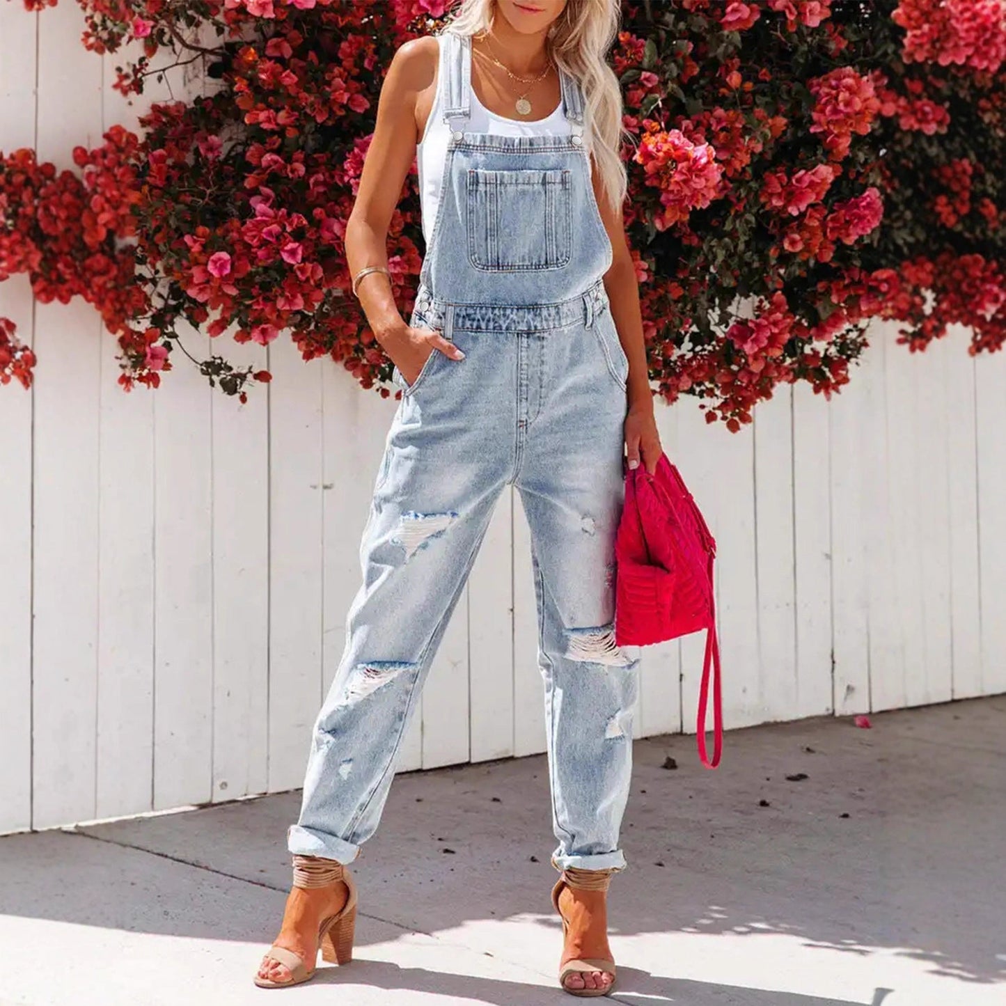 Women's Cropped Ripped Denim Overalls – Streetwear Strap Bib Jeans