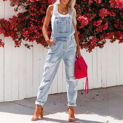 Women's Cropped Ripped Denim Overalls – Streetwear Strap Bib Jeans