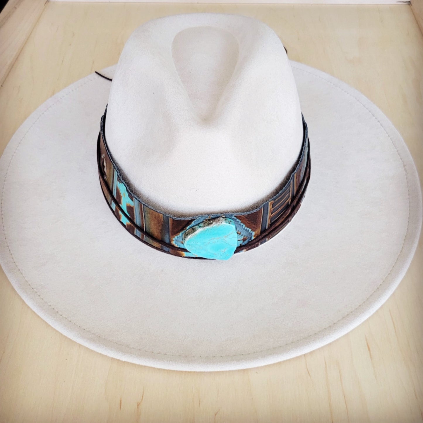 Wide Genuine Leather Blue Navajo Hat Band w/ Turq 953j