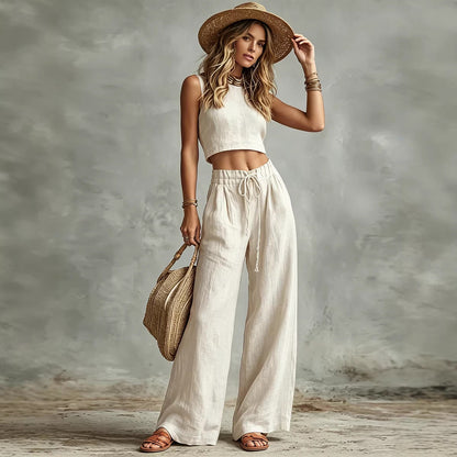 Women's Sleeveless Vest & Drawstring High-Waist Wide-Leg Pants Set