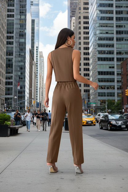 Women’s Coffee Sleeveless Pleated Jumpsuit