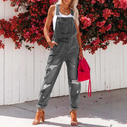 Women's Cropped Ripped Denim Overalls – Streetwear Strap Bib Jeans