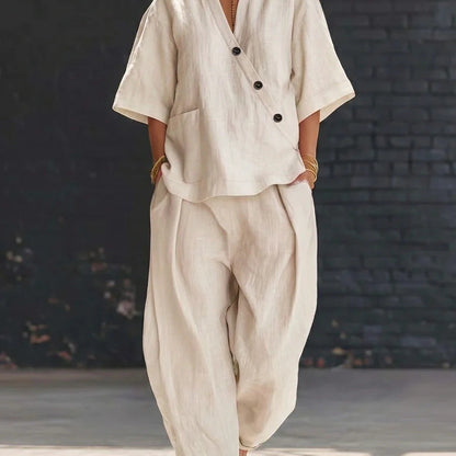 V-Neck Short Sleeve Top & High-Waist Trousers Two-Piece Set