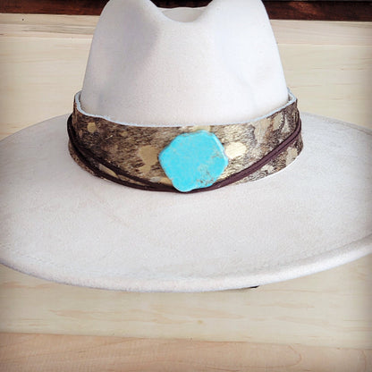 Wide Genuine Leather Mixed Metallic Hat Band w/ Turq 953t
