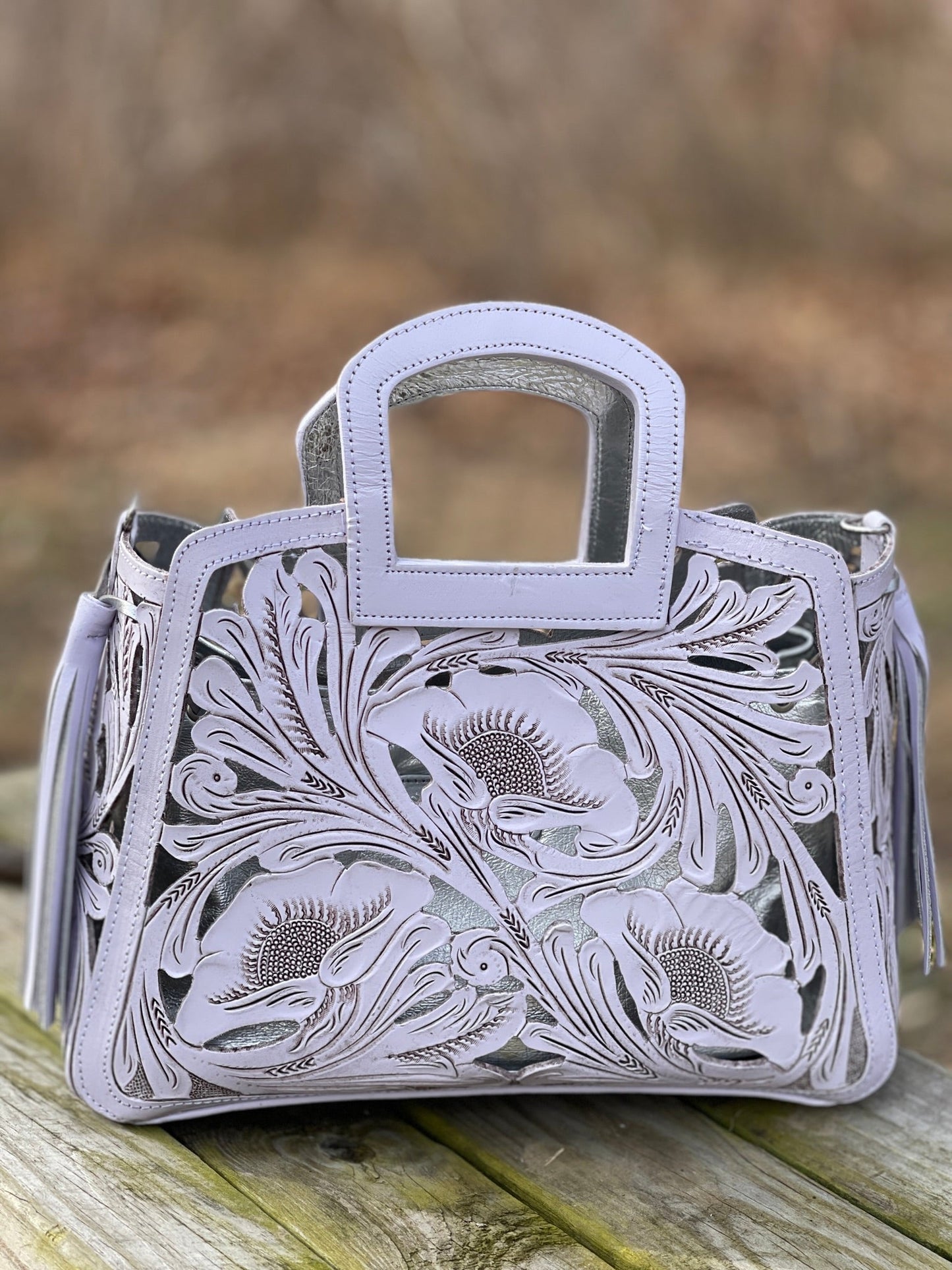 Hand tooled Cut-Out Tooling Leather Small Tote "NOTA FLORAL" by ALLE