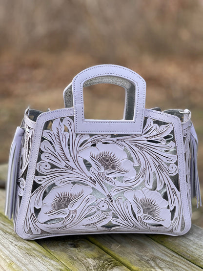 Hand tooled Cut-Out Tooling Leather Small Tote "NOTA FLORAL" by ALLE