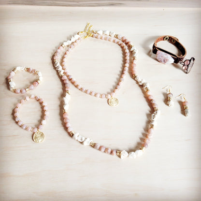 Frosted Sunstone Stretch Bracelet w/ Matte Gold Charm 811q