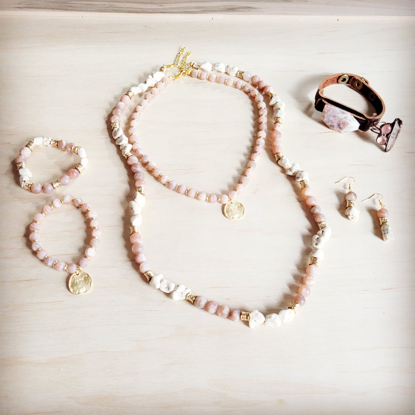 Frosted Sunstone & White Turquoise Long Layering Necklace 262o