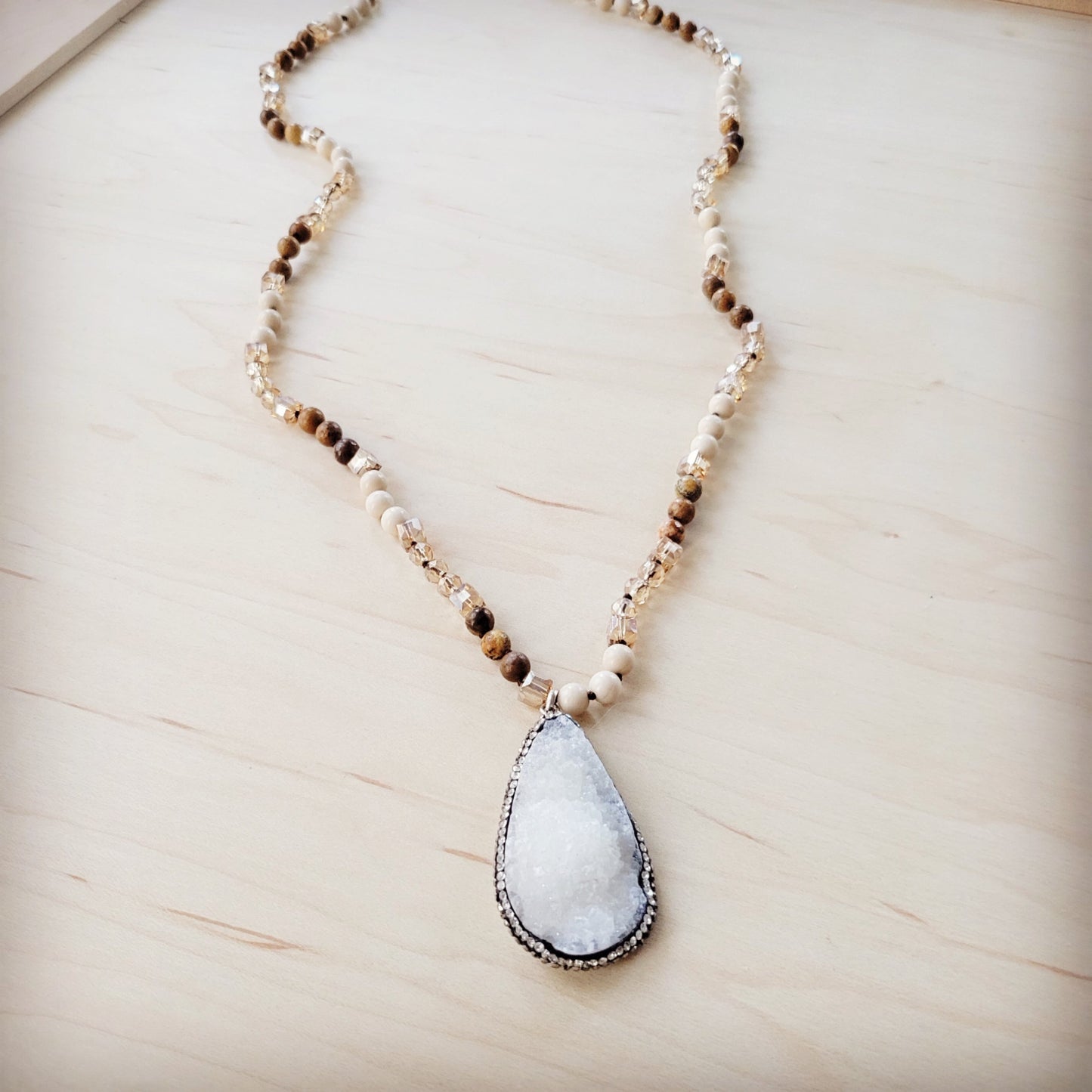 Picture Jasper Beaded Necklace w/ Druzy Pendant 262v