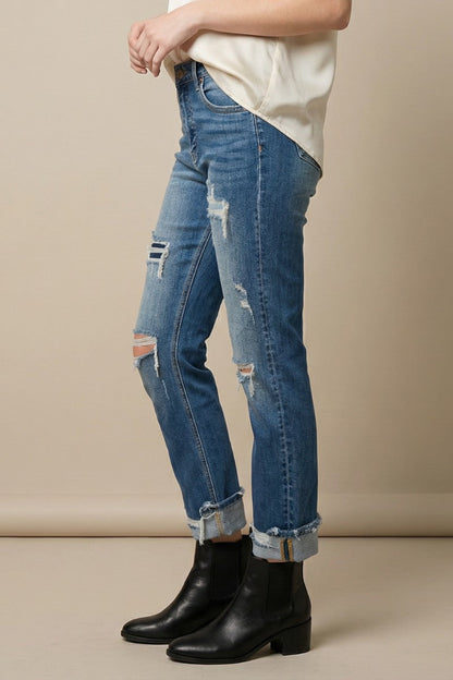 Mesh Tummy Control High Rise Straight w/ Single Cuff Jeans