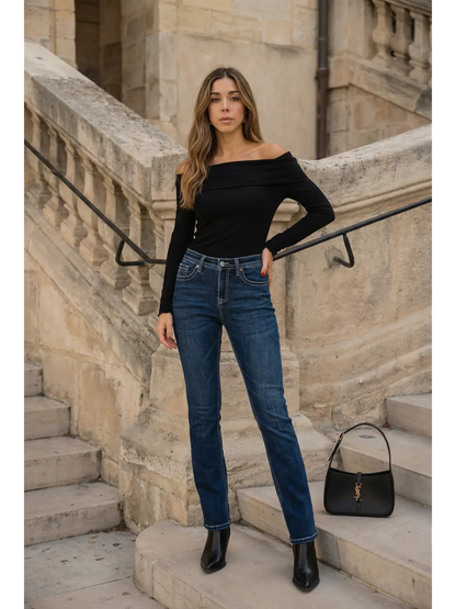 Stevie Tummy Control High Rise Slim Flare Jeans (Dark Wash)