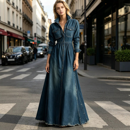 Women's Denim Maxi Shirt Dress – Cinched Waist & Flared Raw Hem Skirt