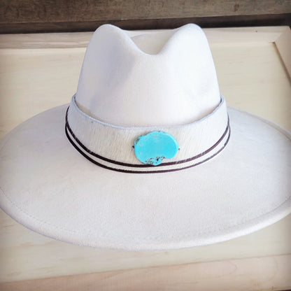Wide Hair Hide Leather White Hat Band w/ Turq  954n